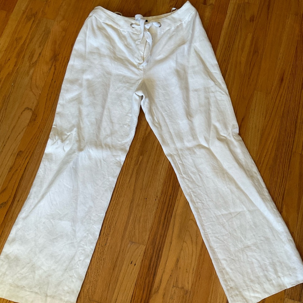 Style & Co White Pants Wide Leg 100% Linen & Lined Drawstring